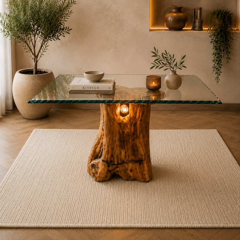 Tavolino in legno d'ulivo artigianale con led